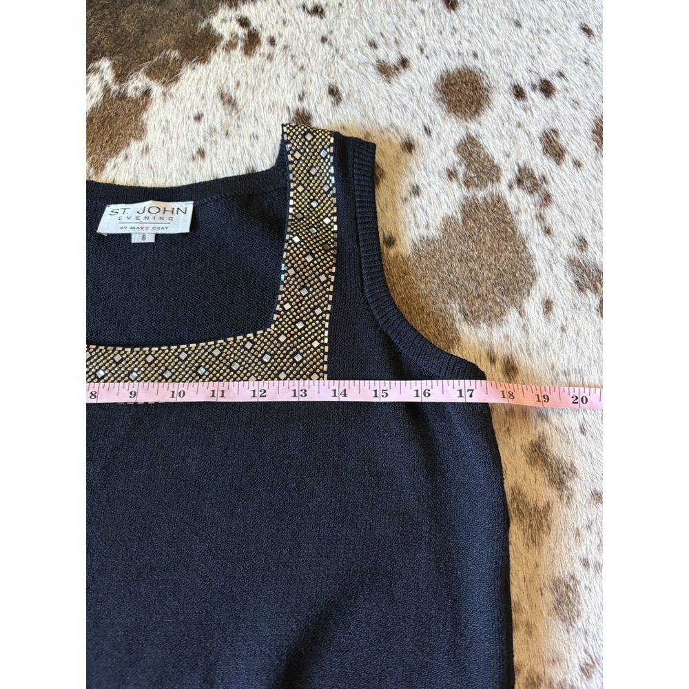 ST‎ JOHN Black Square Neck Jeweled Sleeveless Knit Top Size 8 - Picture 3 of 7